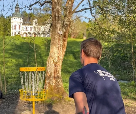 En man håller en frisbee nära ett träd.