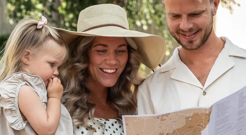 Ein Mann und eine Frau halten ein Kind und eine Karte.