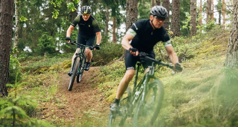 Människor som cyklar i ett naturområde.
