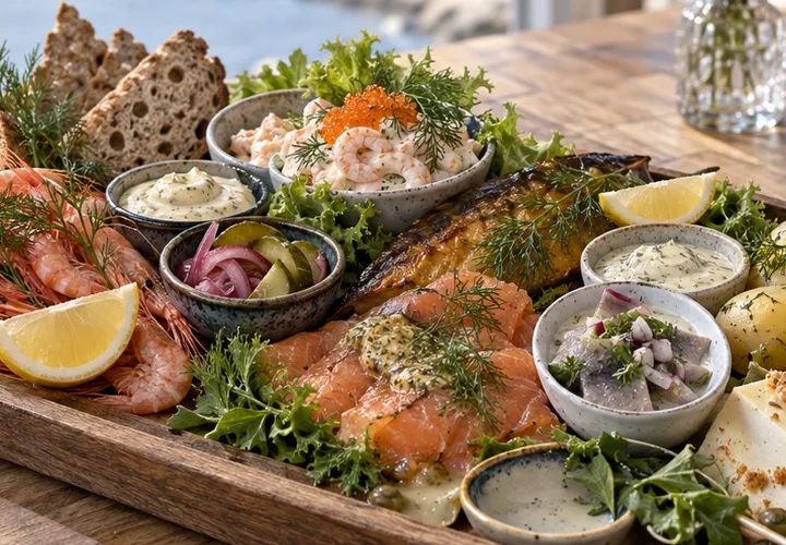 En bricka med skaldjur på ett bord tillsammans med ett glas vin.