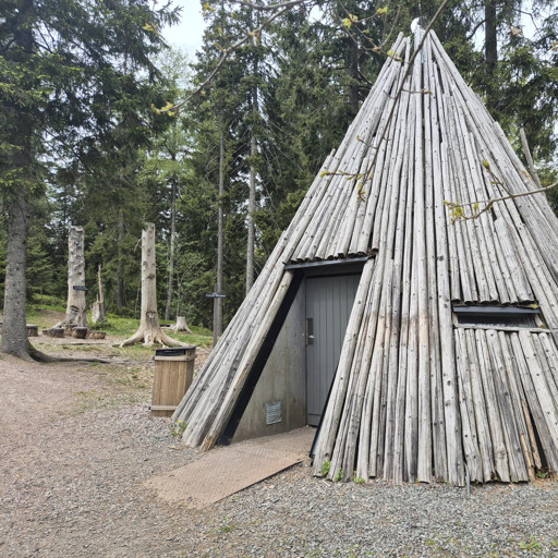 En träkonstruktion med en dörr mitt i en skog.