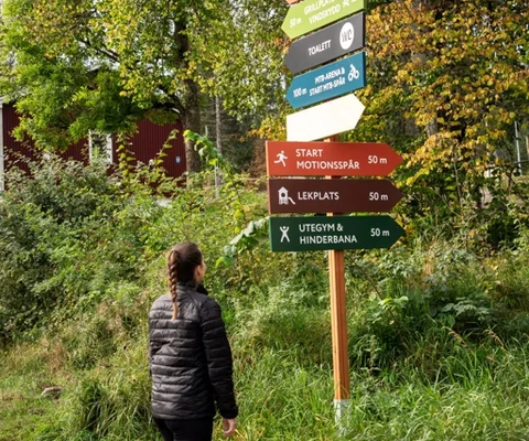 Eine Frau, die einen unbefestigten Weg neben einem Wald entlanggeht.
