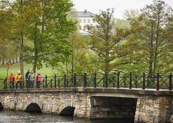 personer som vandrar i natur längs sjö.