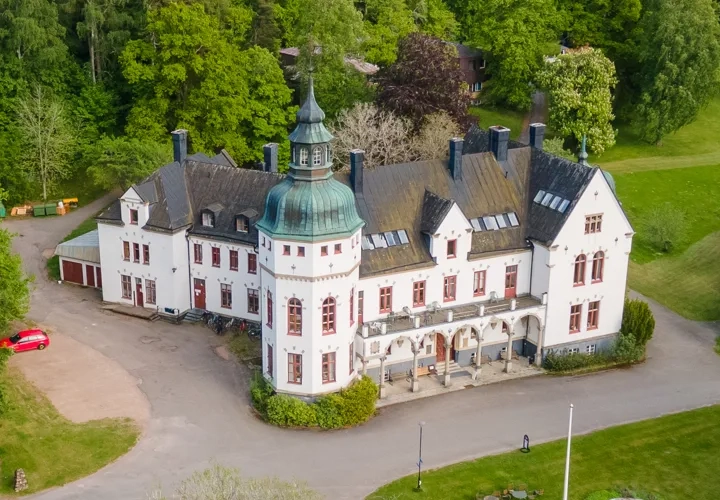 En flygbild av ett stort vitt hus omgivet av träd.