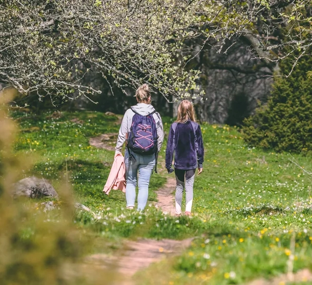 En kvinna och ett barn promenerar längs en stig i en skog med blommor på marken.