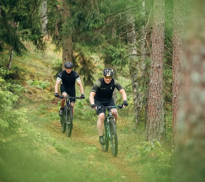 Människor som cyklar i ett naturområde.