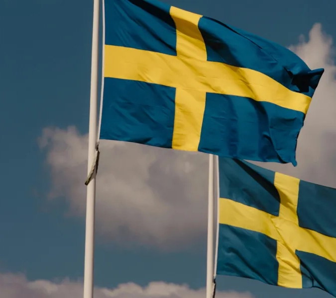 Två flaggor som vajar i vinden på en molnig dag.
