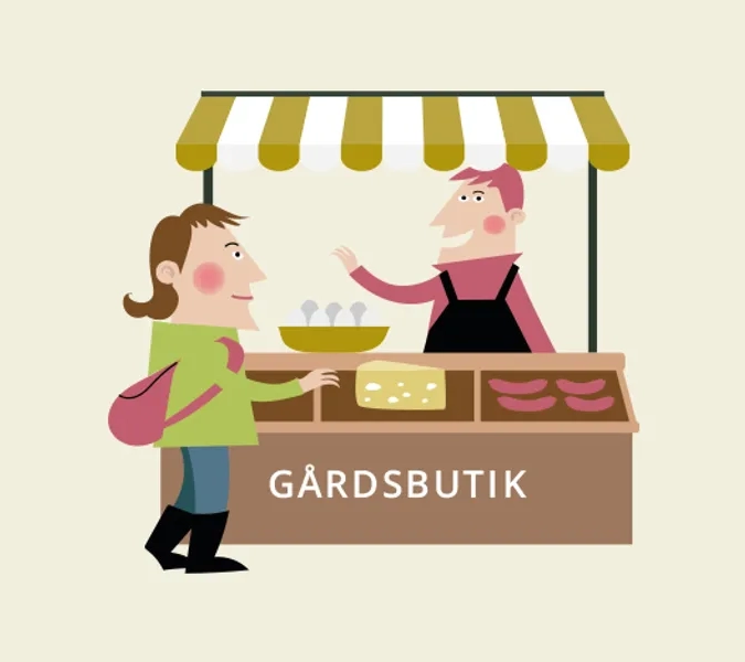 en illustration av en person som handlar mat i en gårdsbutik