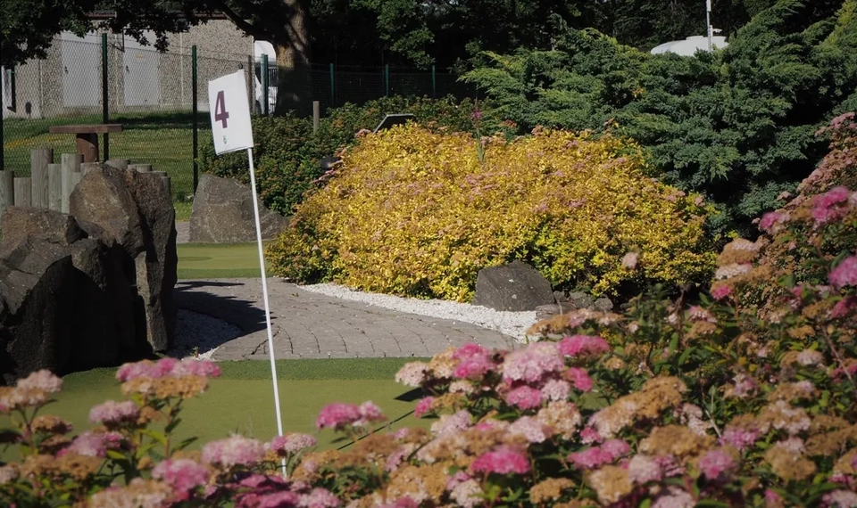 En äventyrsgolfbana med mycket blommor och buskar.