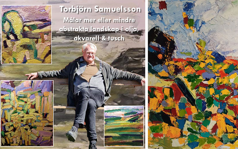 En man sitter på en bänk bredvid en målning.