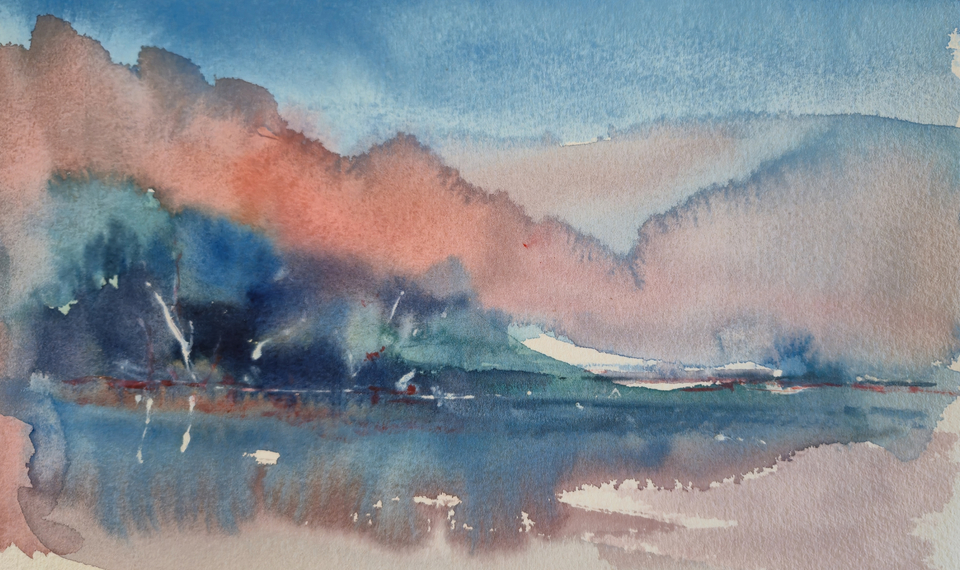 Akvarell landskap i blått och rött