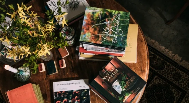 Böcker i en bokhylla.