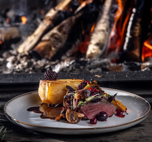 Hjortfilé och rotfrukter på tallrik framför brasa