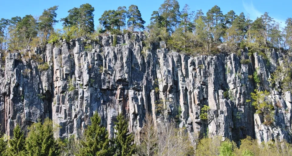 En stor klippformation mitt i en skog.