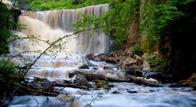 Ett vattenfall med vatten som rinner ner omgivet av träd.