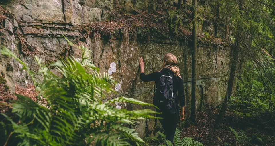 Kvinna som står vid en bergsvägg med handen på berget.