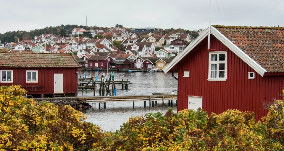 Röda sjöbodar med nypon i höstfärger och bryggor vid havet.