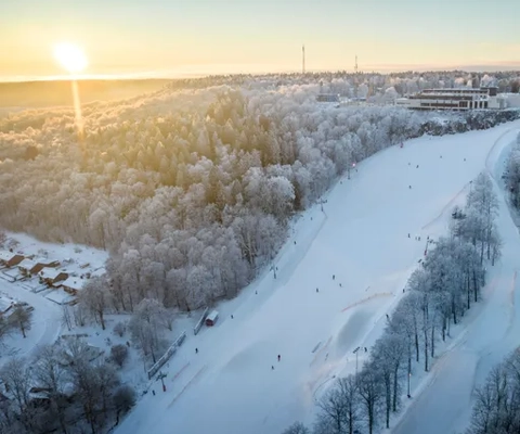 Drönarbild över Billingen med Billingebacken i solnedgång.