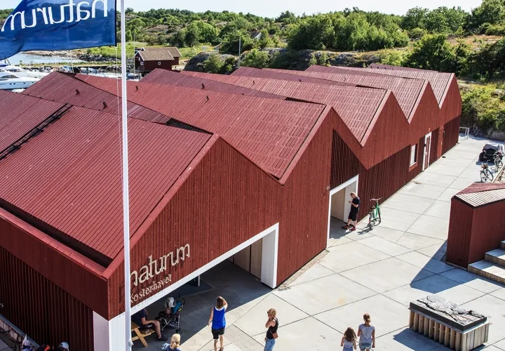 Byggnad som inrymmer naturum Kosterhavet, Framför entrén finns gräsyta och sittplatser och baksidan är mot havet.