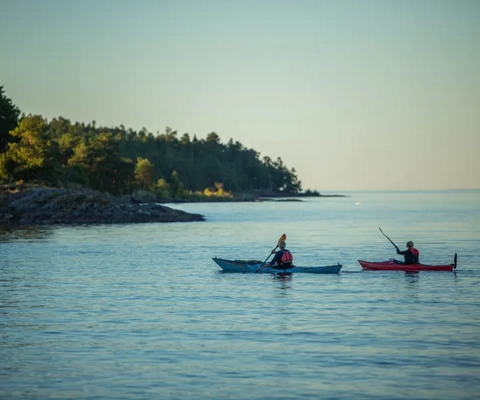 Två personer som paddlar kajak på stilla vatten en sommarkväll.