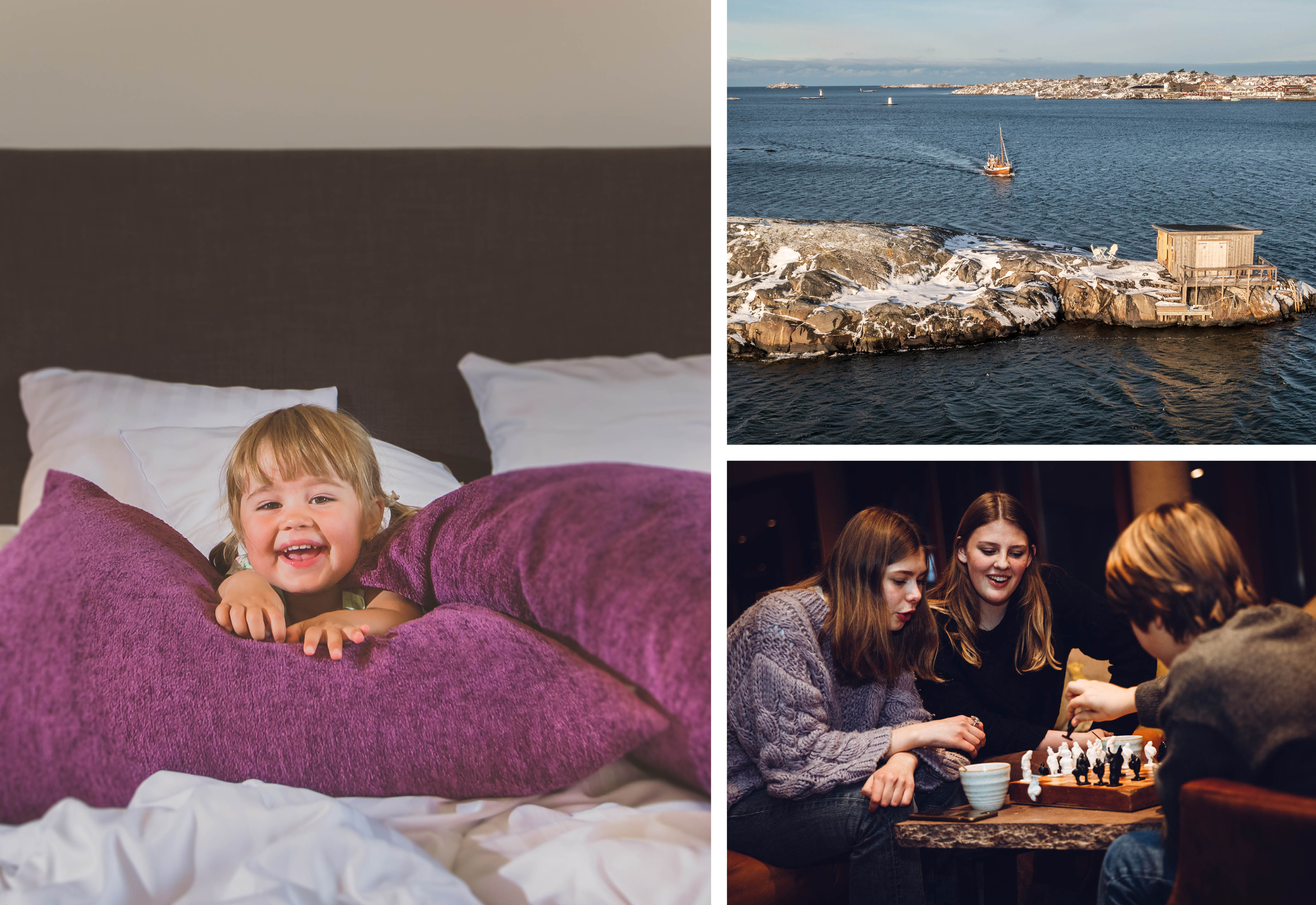 Ett fotocollage med ett barn i en säng.