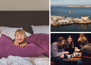 Ett fotocollage med ett barn i en säng.