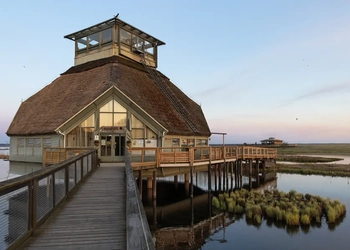 En träbrygga med en byggnad på.