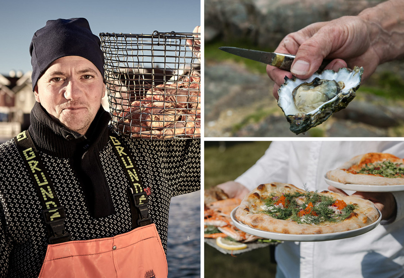 En man som håller i en tallrik med mat och en person som håller i en pizza.