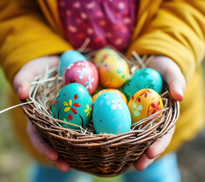 En person som håller en korg fylld med målade ägg.