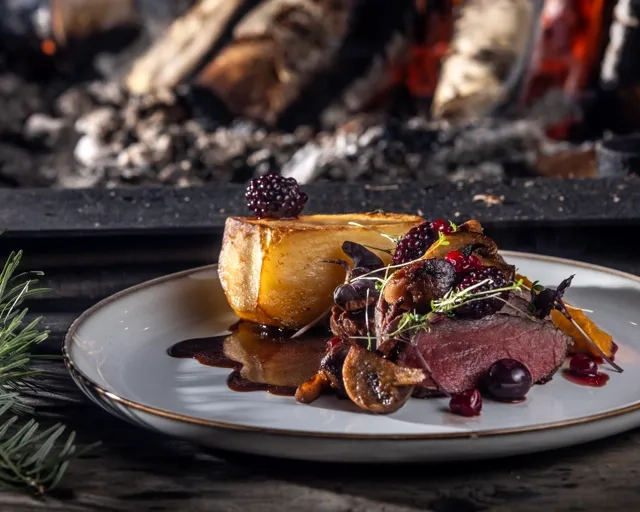 Hjortfilé och rotfrukter på tallrik framför brasa