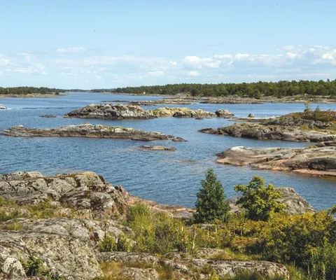 Eine von Felsen und Bäumen umgebene Wasserfläche.