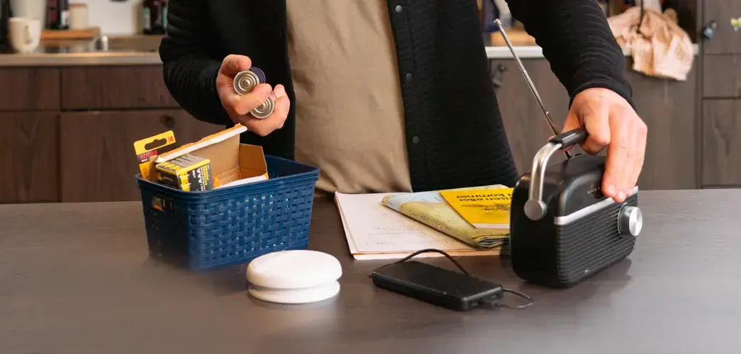En man som står i ett kök med beredskapsprodukter.