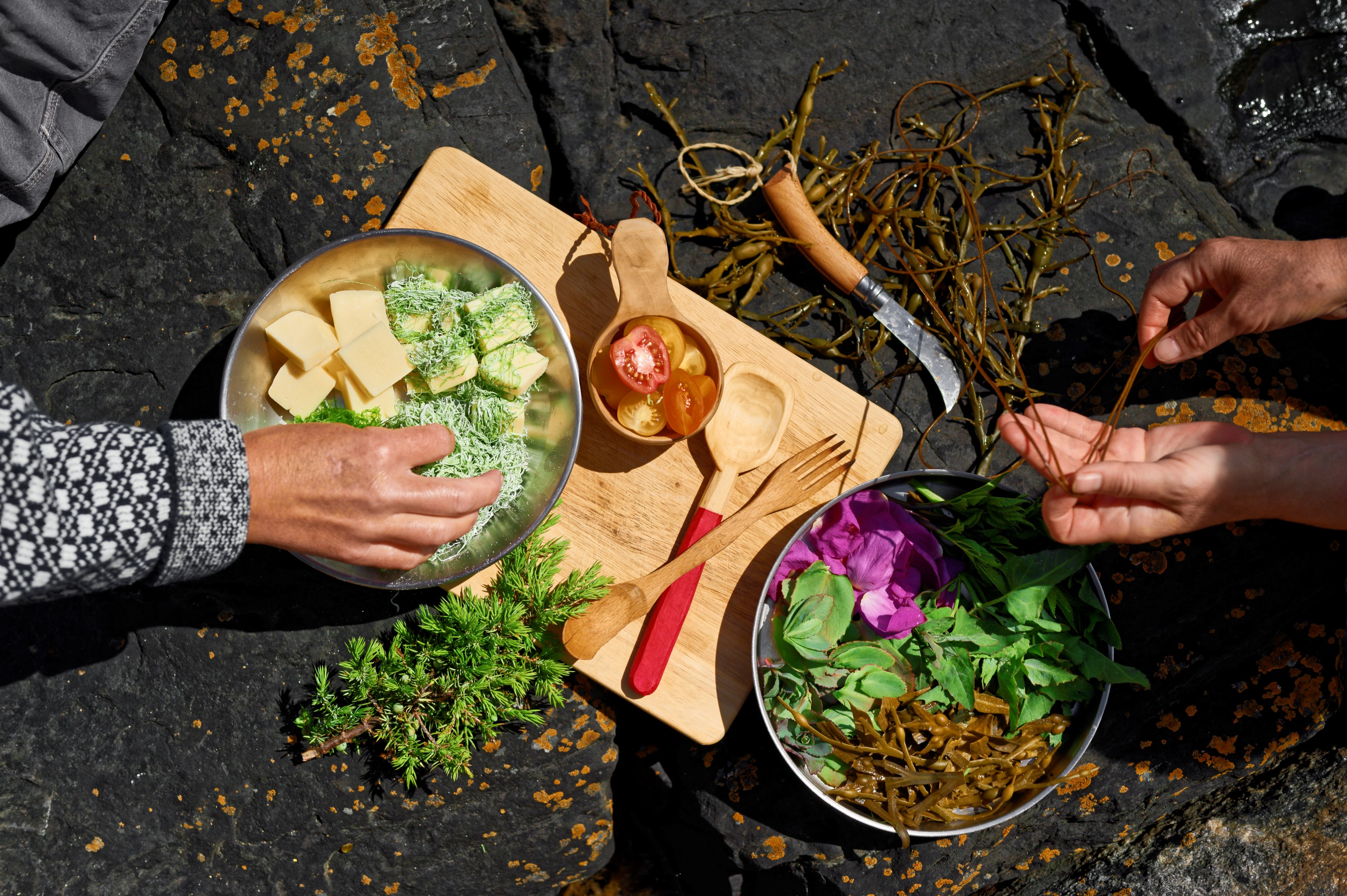Matlagning på hållbara val från hav och land samt vackert upplagda rätter på tallrikar