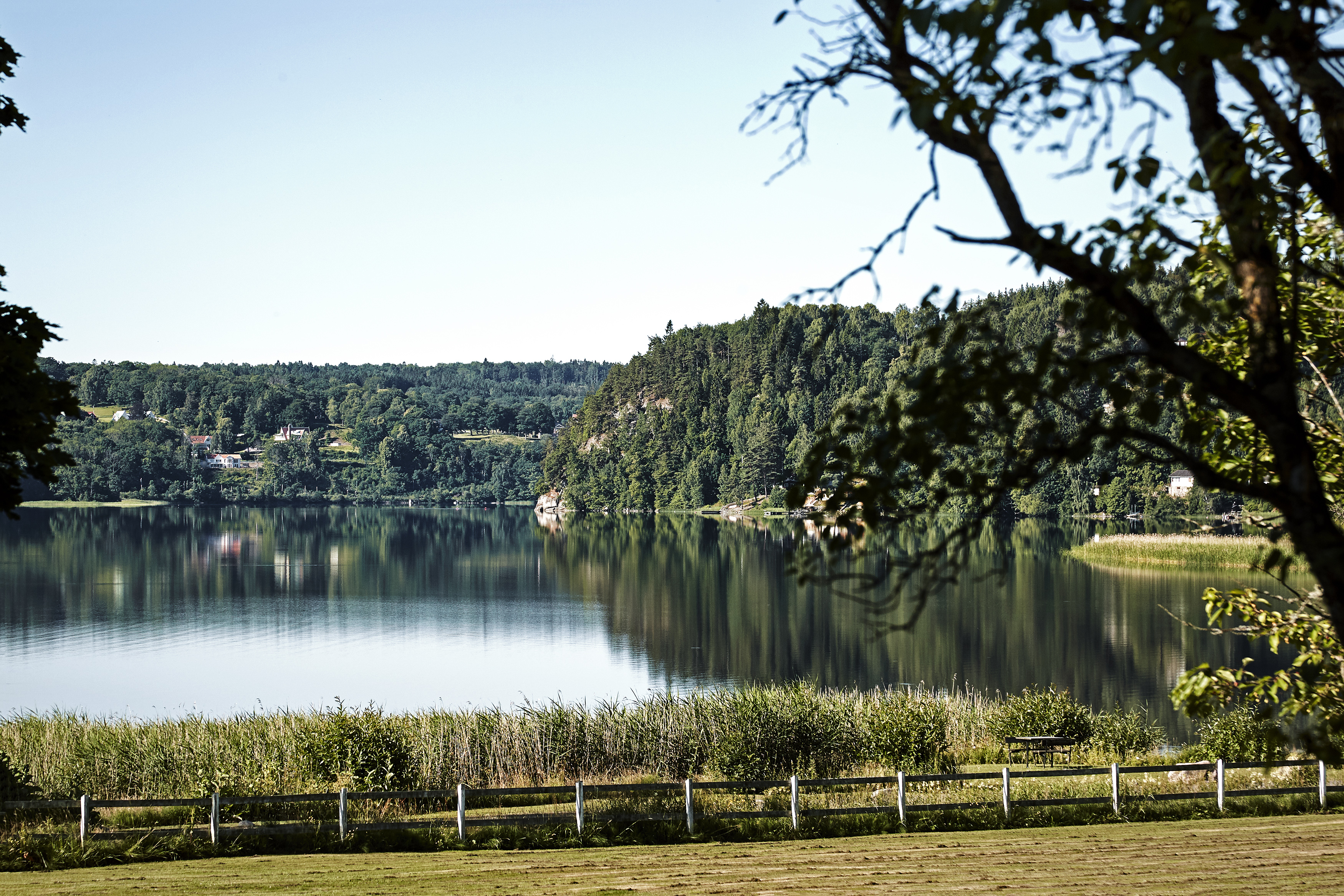 Vy över sjön vid Aspenäs Herrgård. 