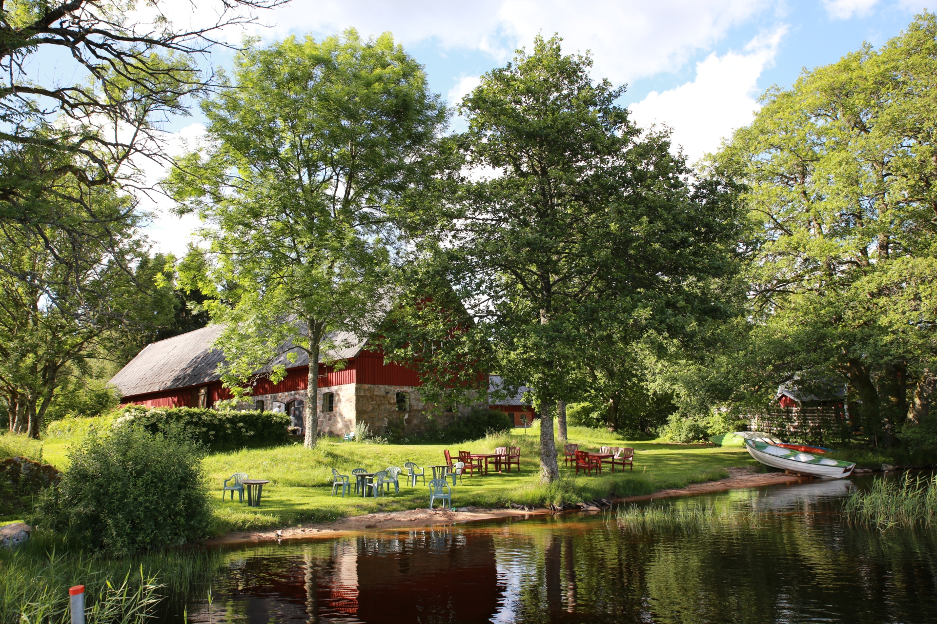 Red barn next to a lake.