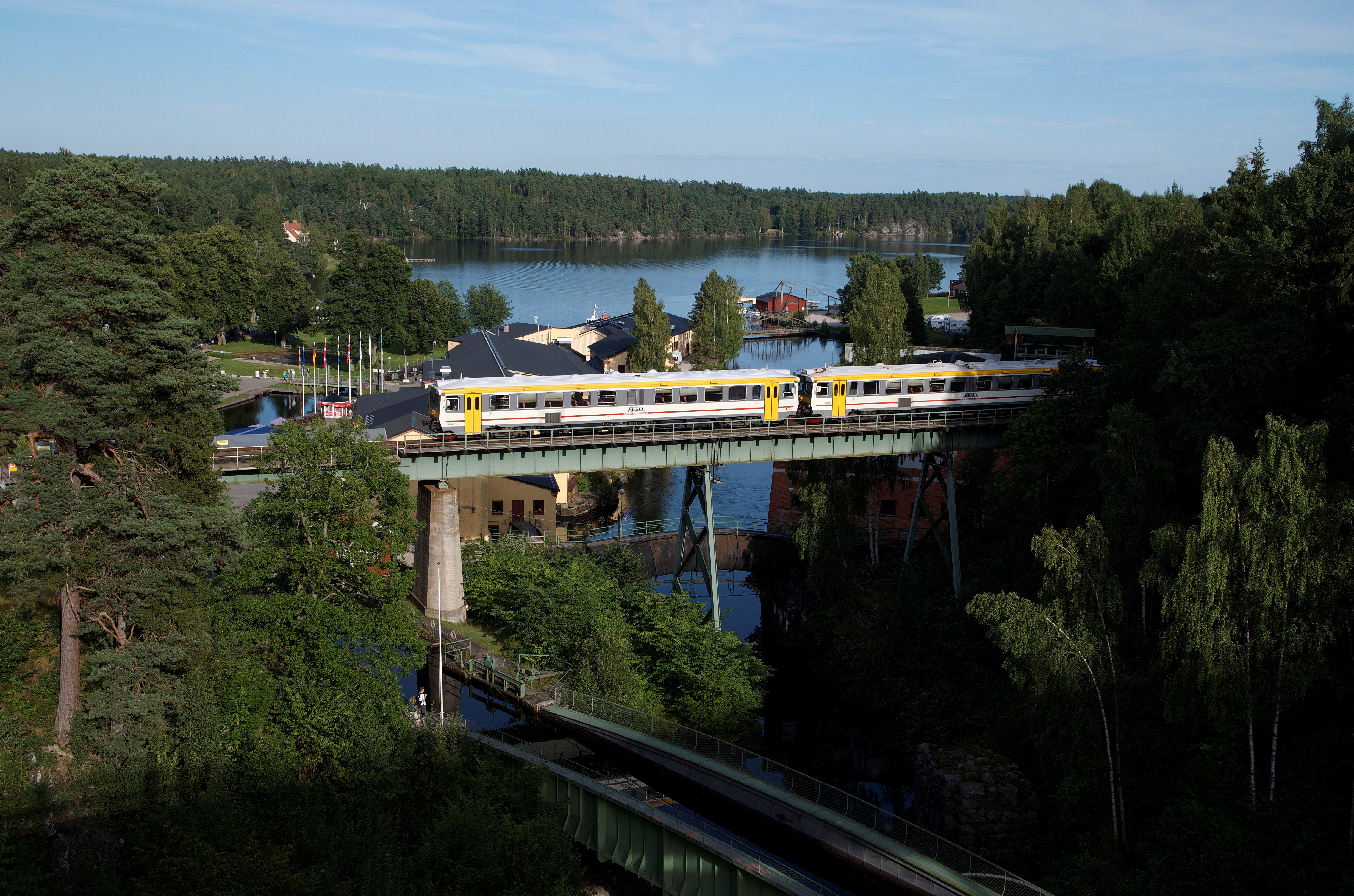 Train passing on a bridge.