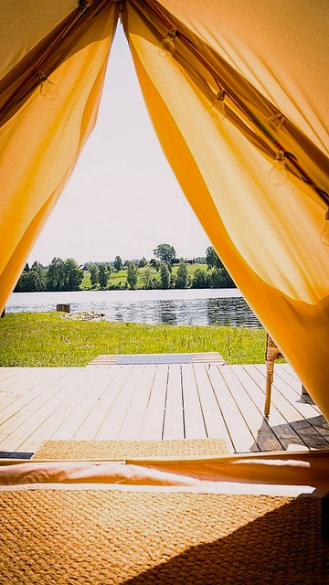 Glamping tent with lake view at Nössemark Camping, Café, Guest Harbor & Cabins
