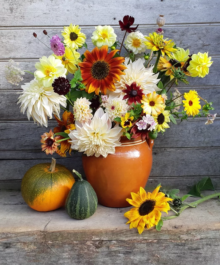 Snittblommor i en lervas, Fjälla Trädgård