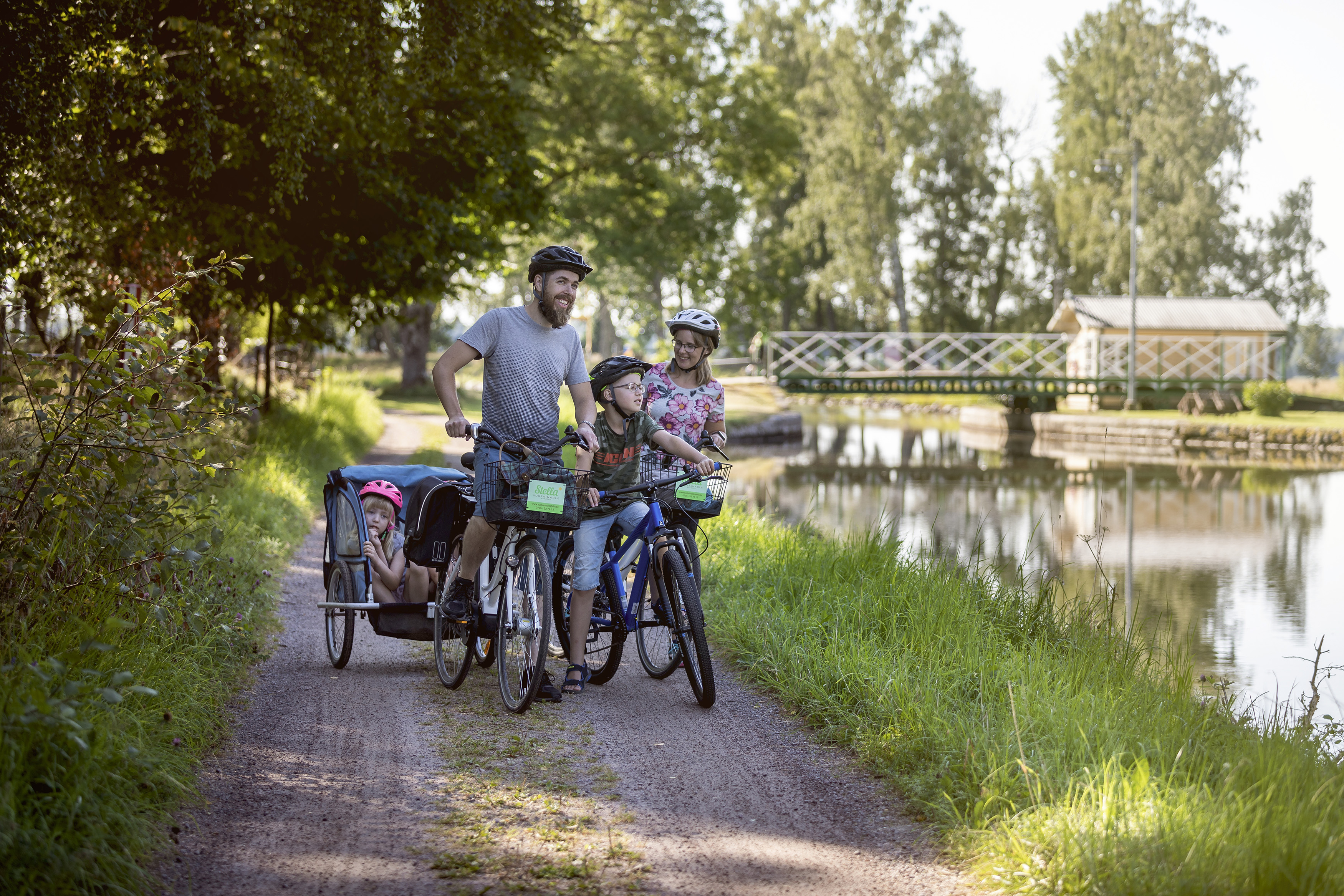 People bicycling along Göta kanal.