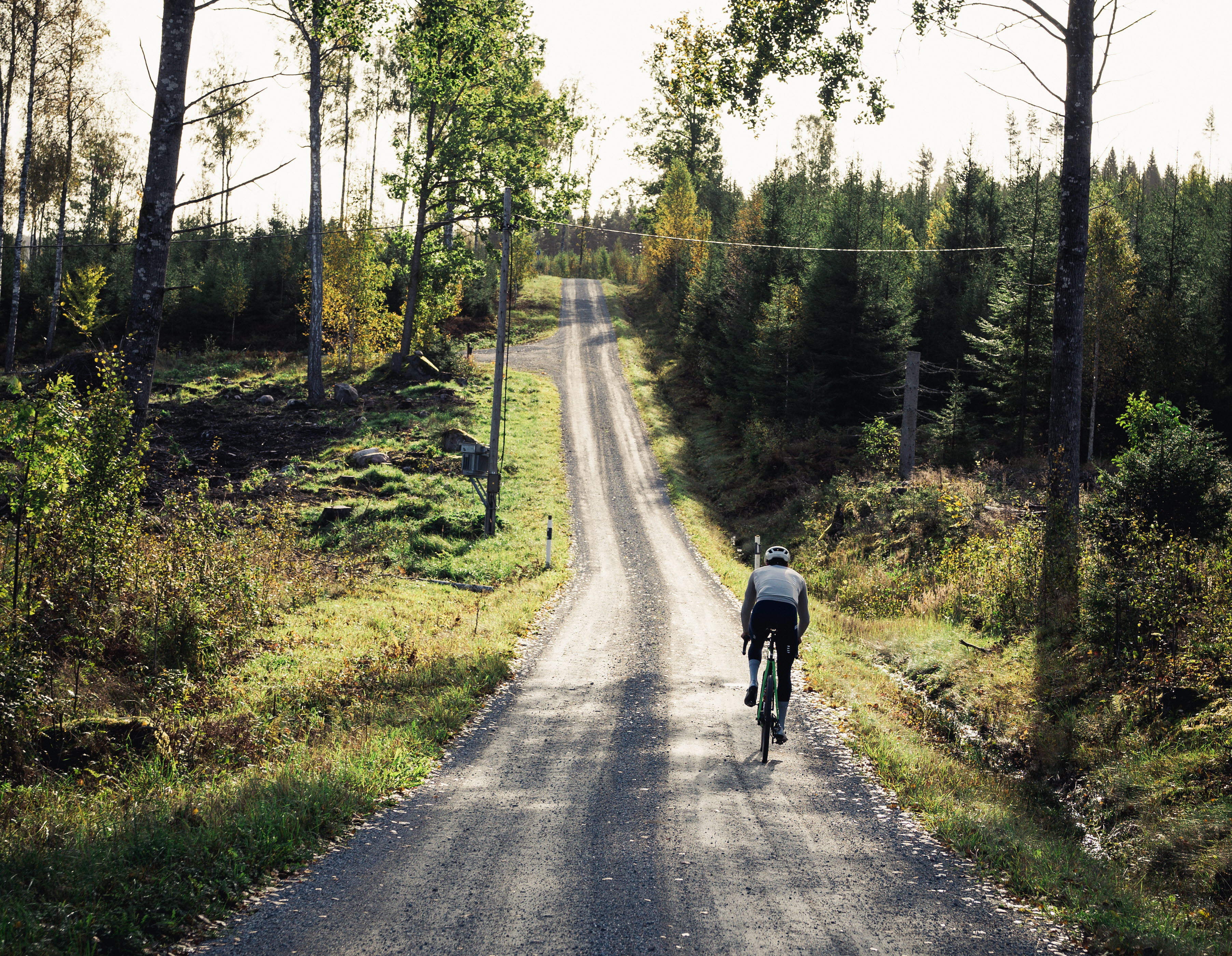 Cyklist på en grusväg i skogen.