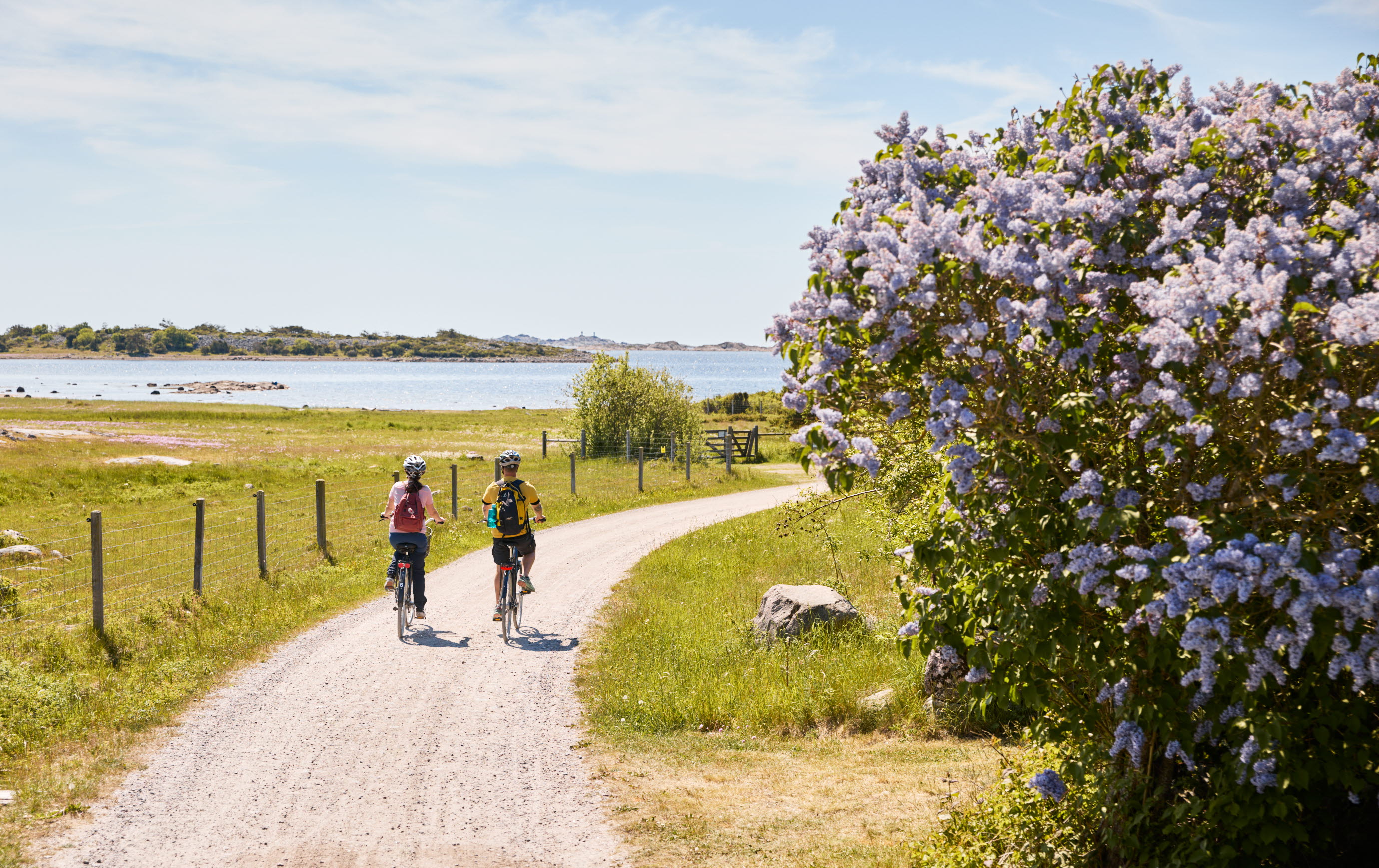 Två personer cyklar på en ö.