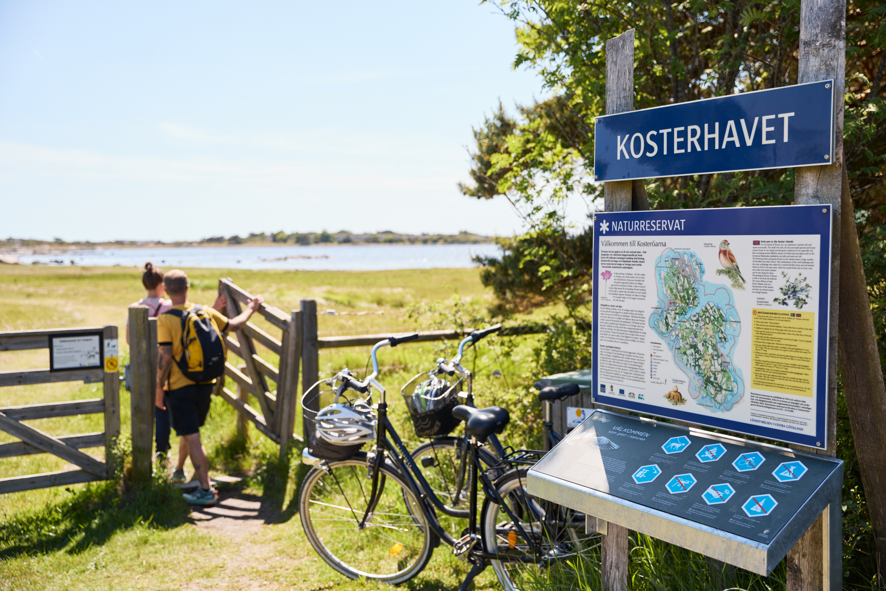 Två personer vandrar på en ö.