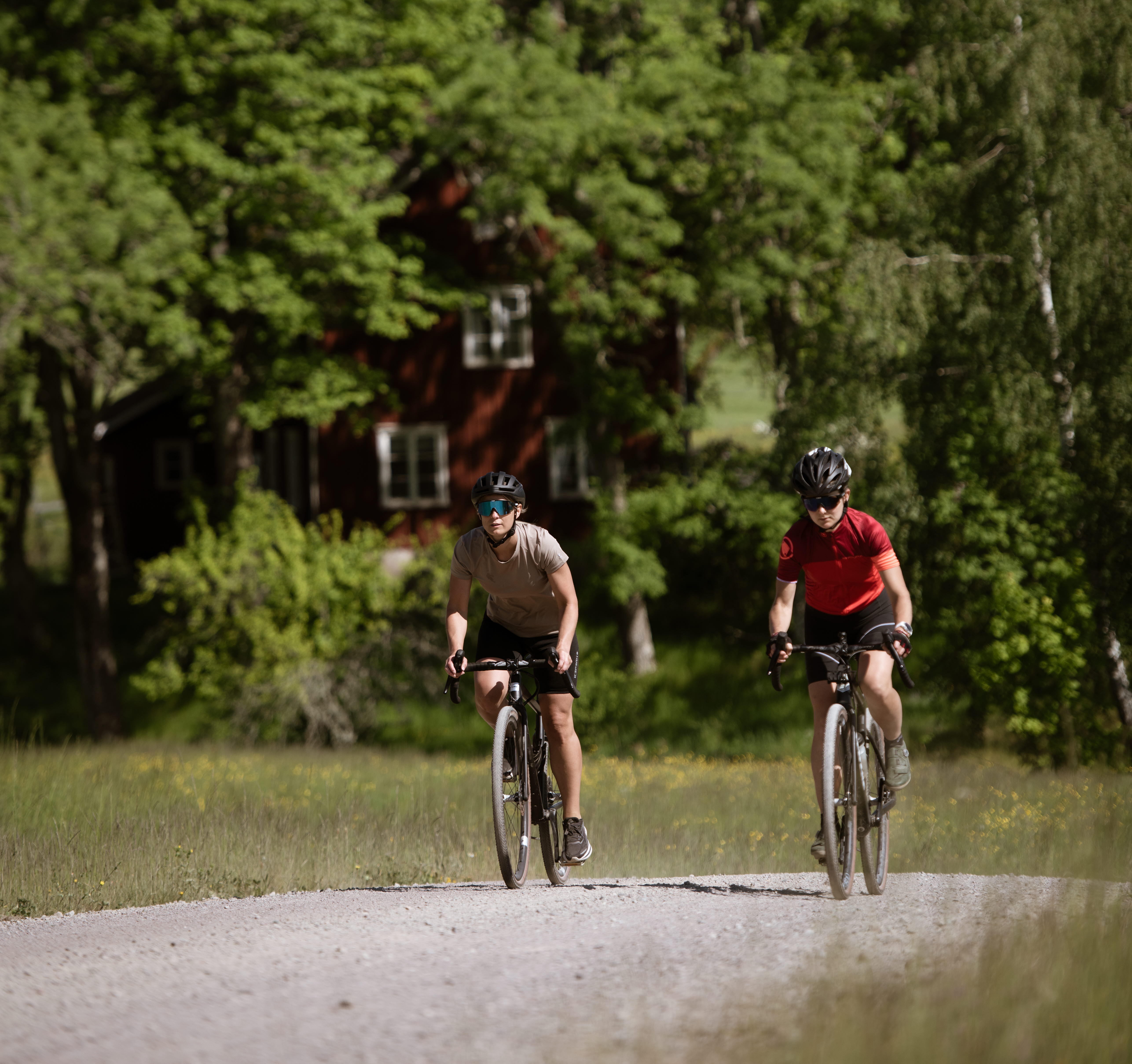 Cyclists on a dirt road,
