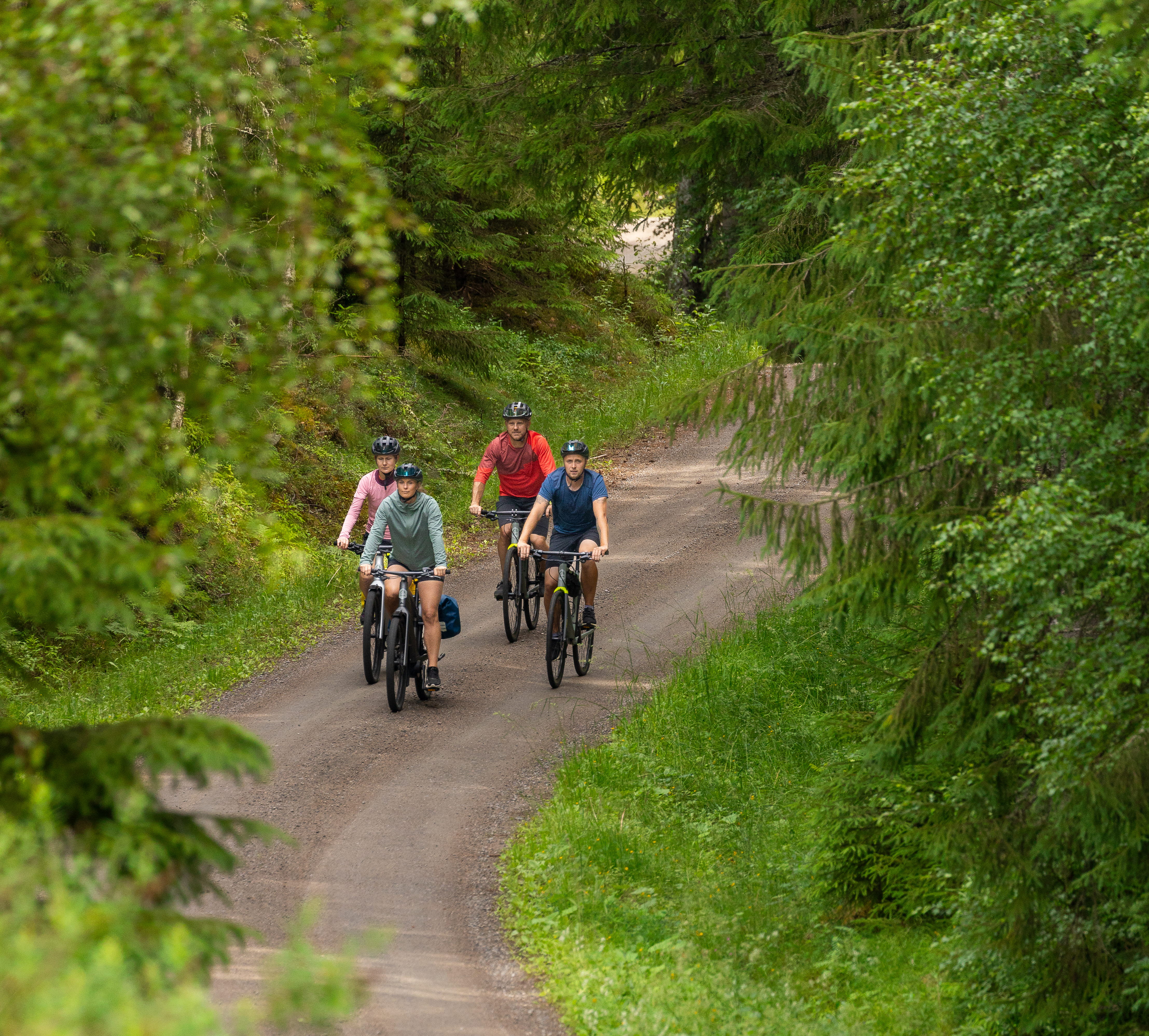 Cyklister på grusvägar i skogen.