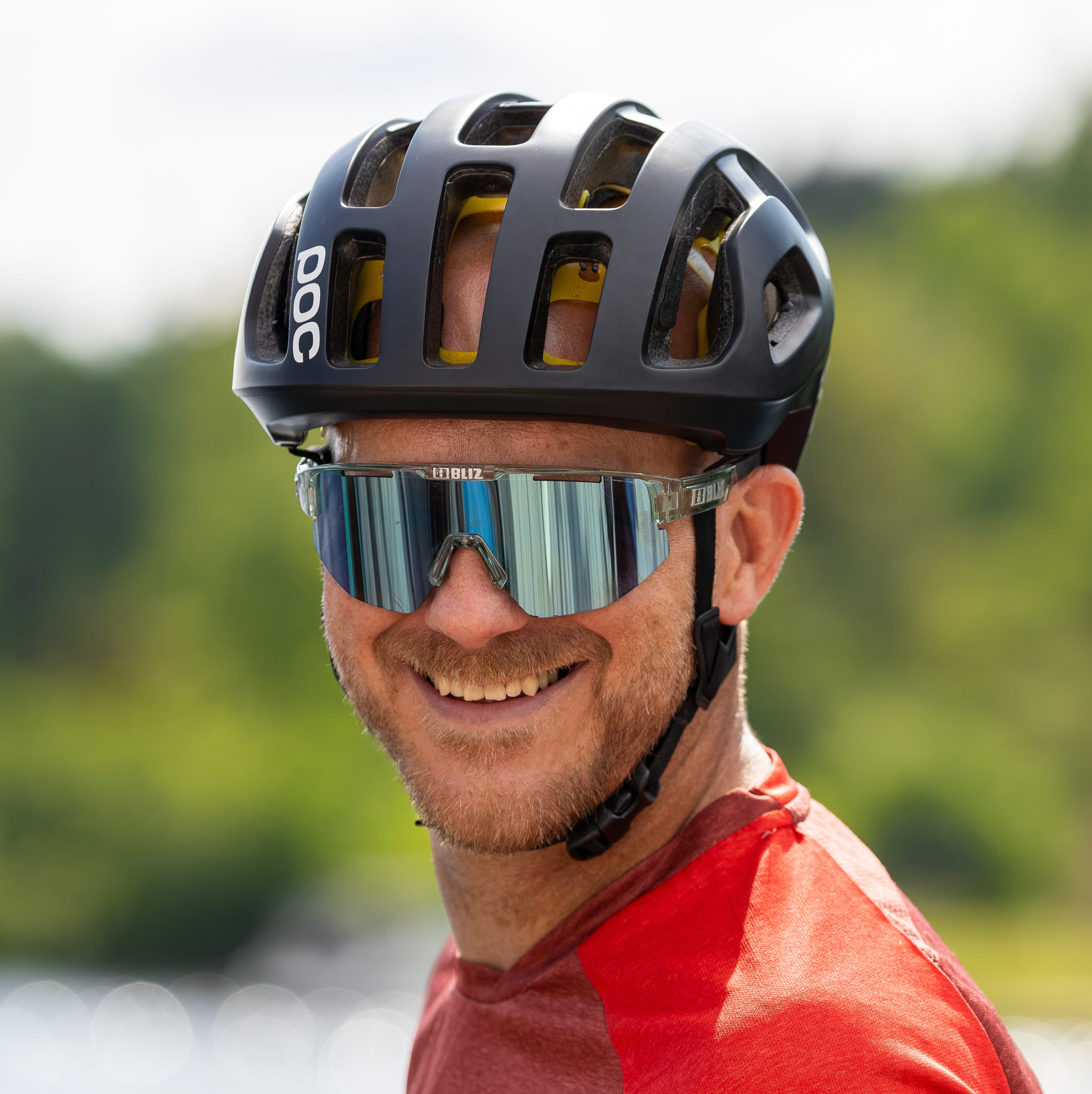 Cyclist with helmet.