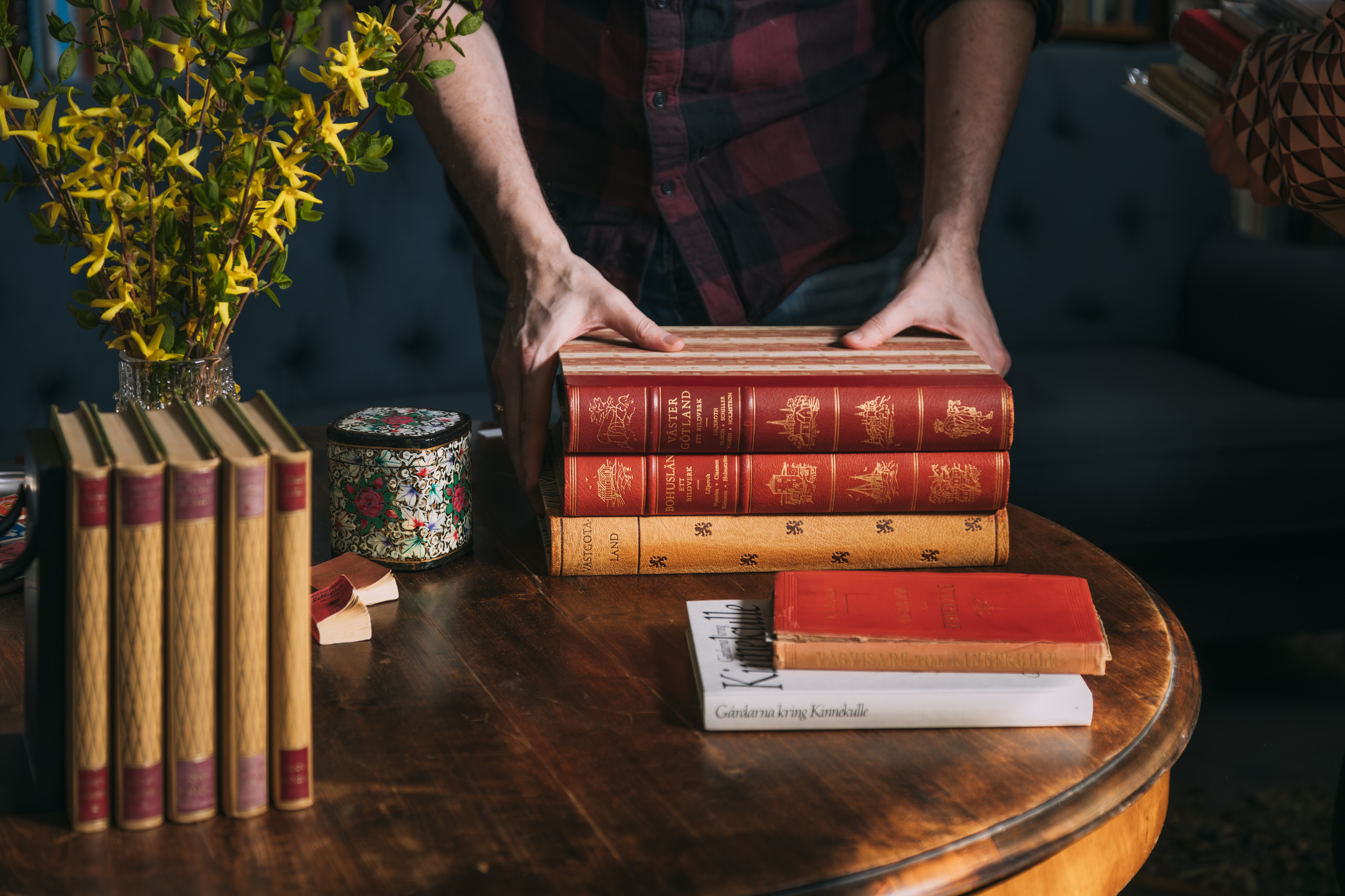 Böcker i en bokhylla.