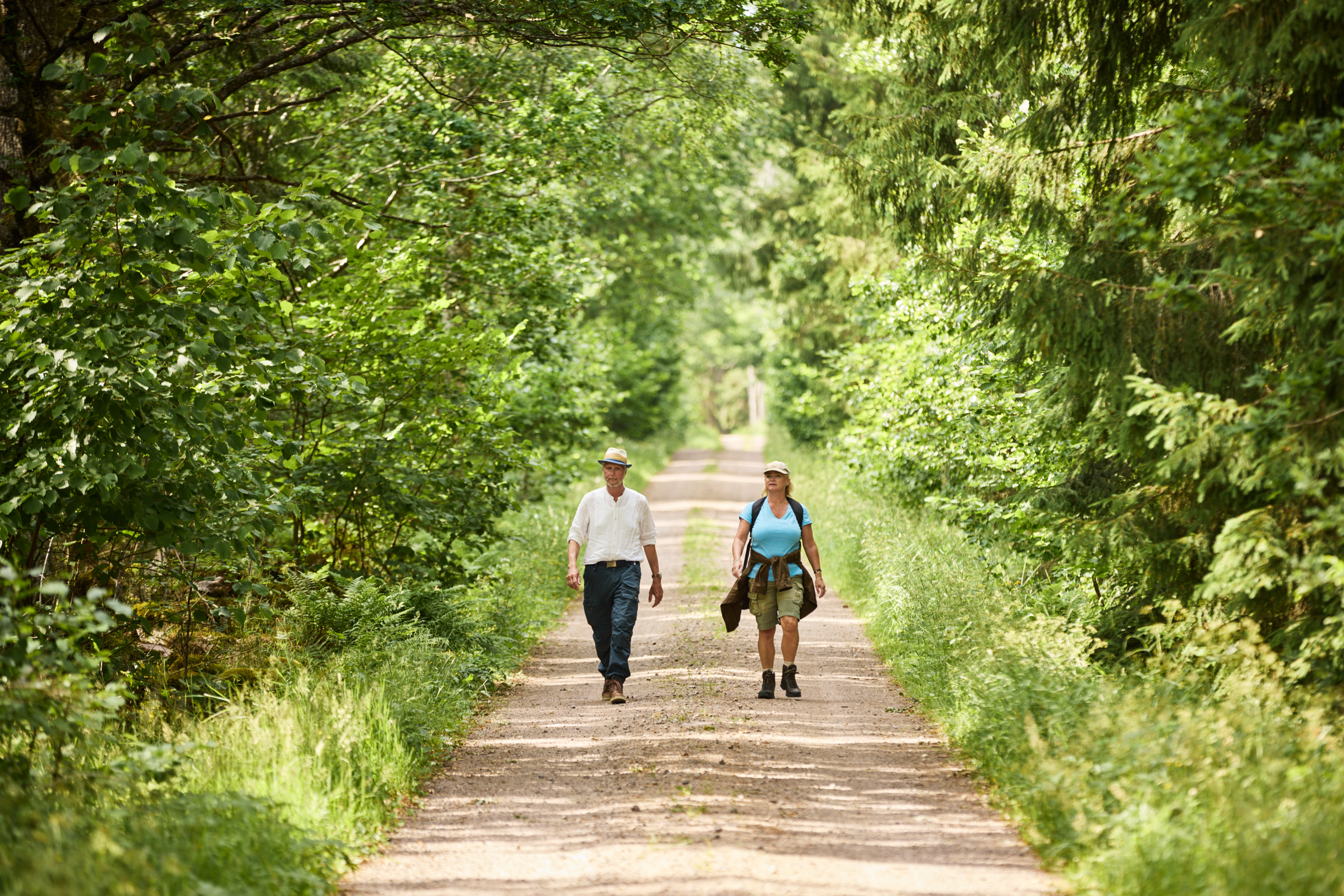 Två personer som vandrar på pilgrimsled genom skogen.