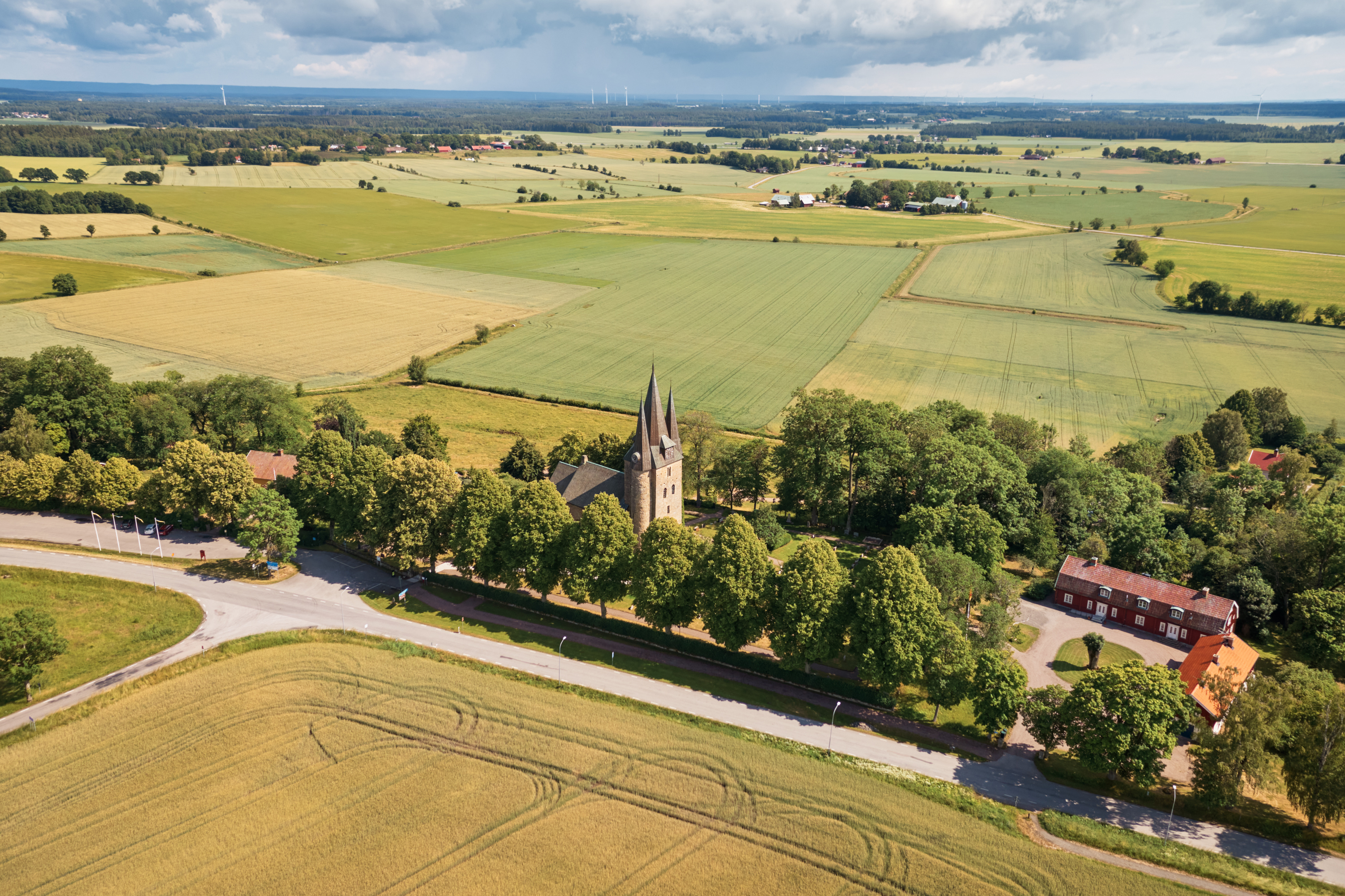 Drone image over Husaby church.
