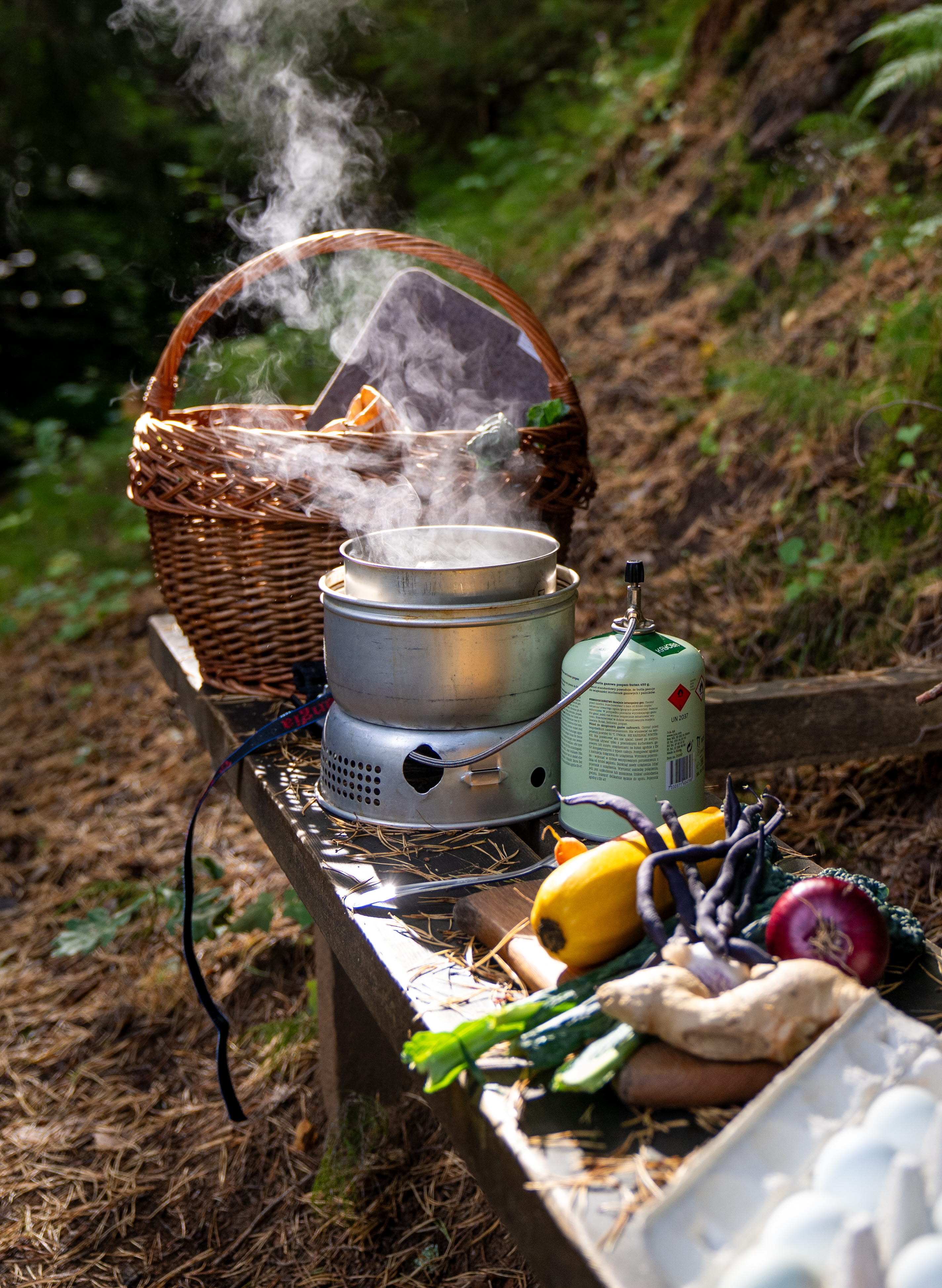 Outdoor cooking in the forest.
