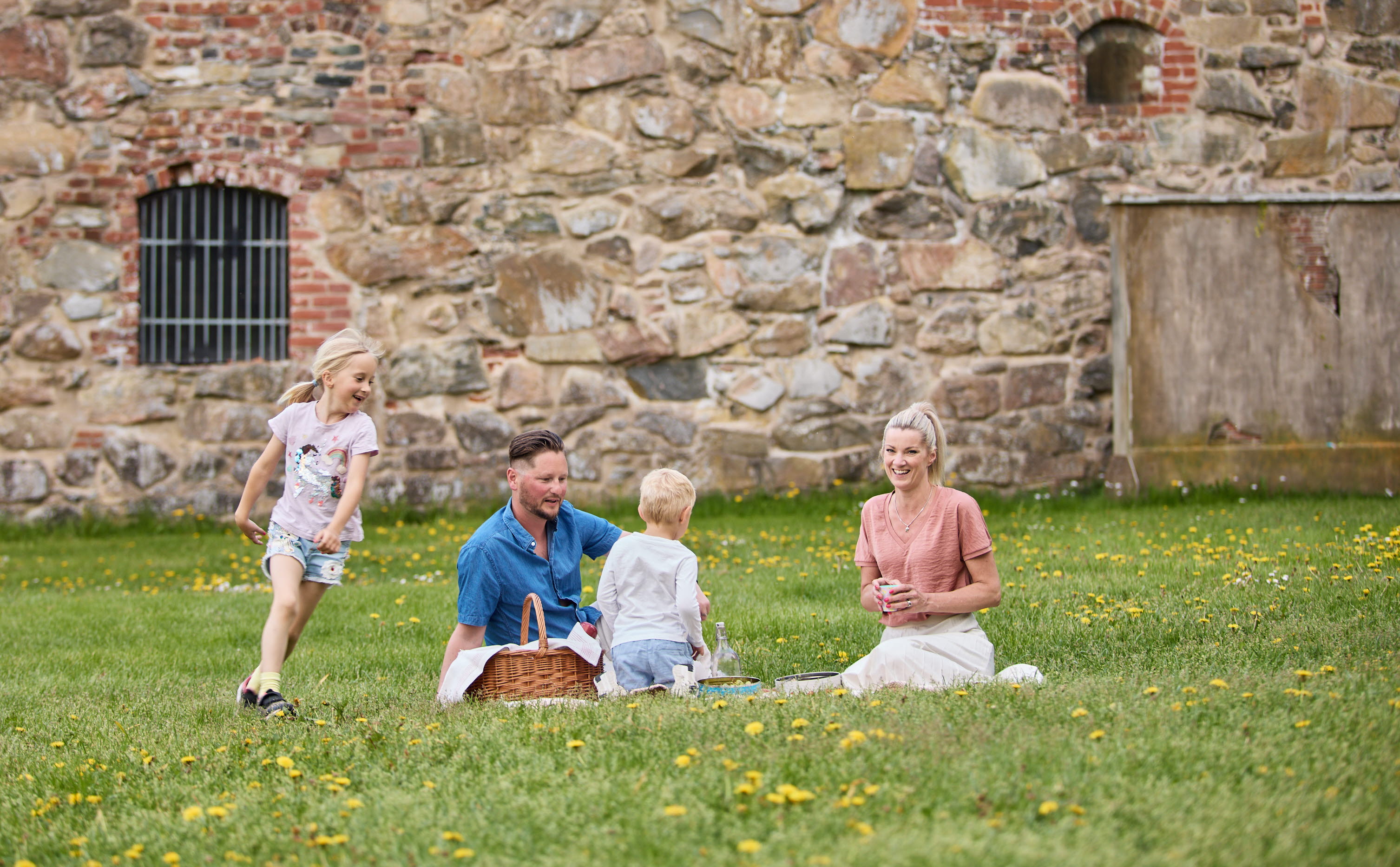 Familj har pick-nick i gräs.